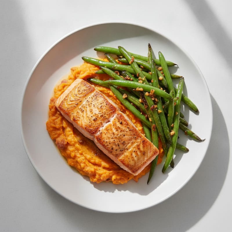 Seared Salmon with Garlic Green Beans and Sweet Potato Mash