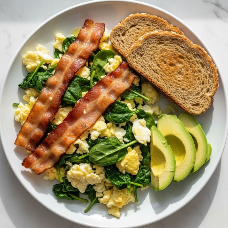 Crispy Turkey Bacon and Egg White Scramble with Sautéed Spinach