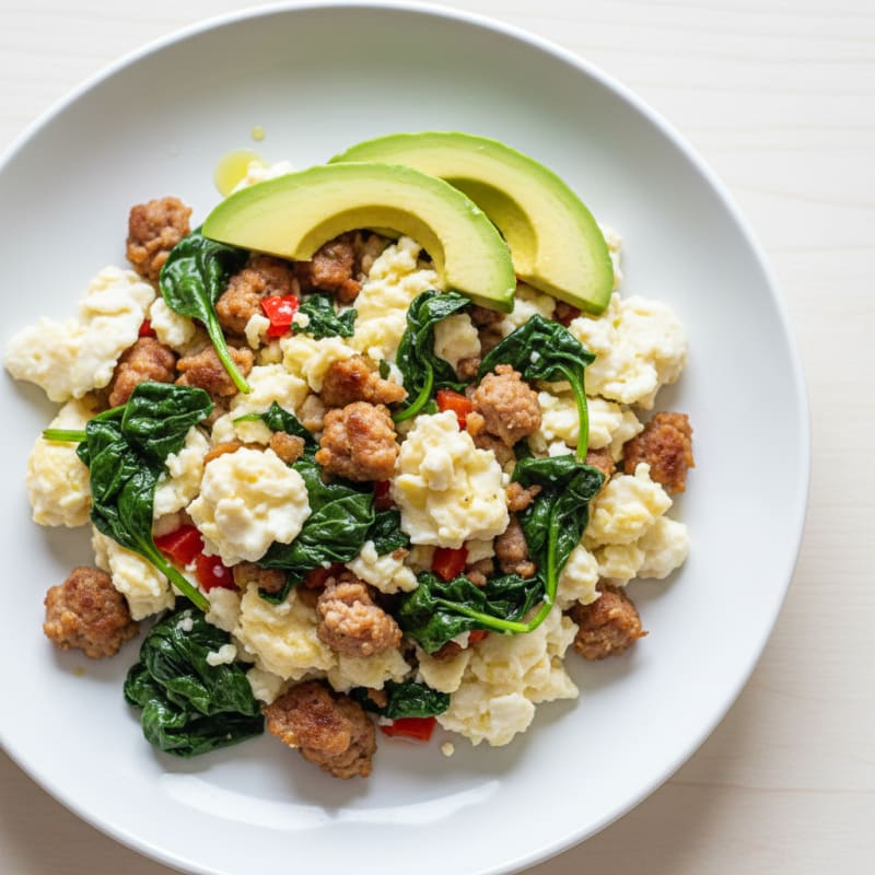 Egg White Scramble with Turkey Sausage and Sautéed Spinach