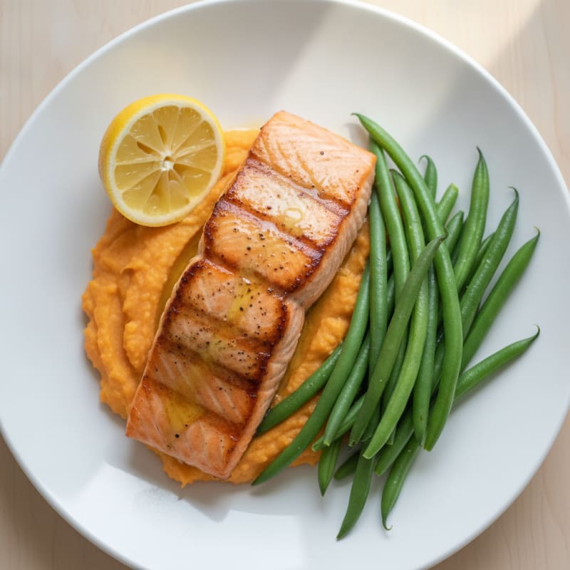 Seared Salmon Fillet with Steamed Green Beans and Sweet Potato Mash
