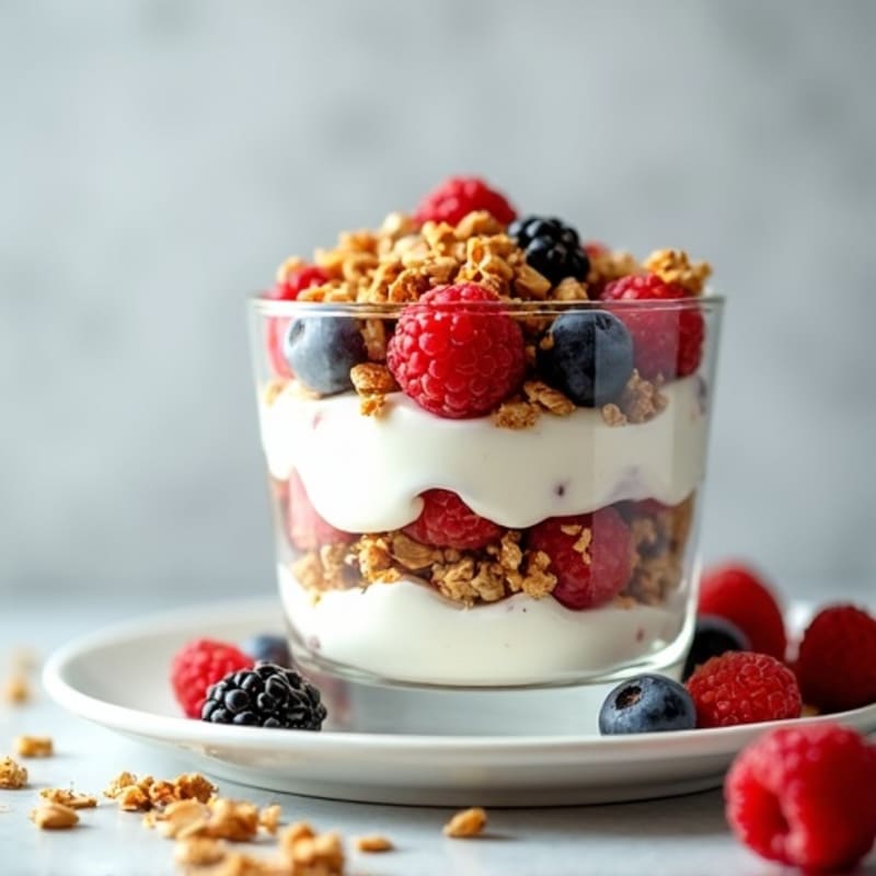 Greek Yogurt Parfait with Crunchy Almond Granola and Mixed Berries