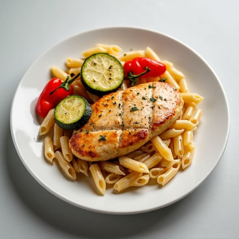 Baked Chicken Breast with Roasted Vegetables and Pasta