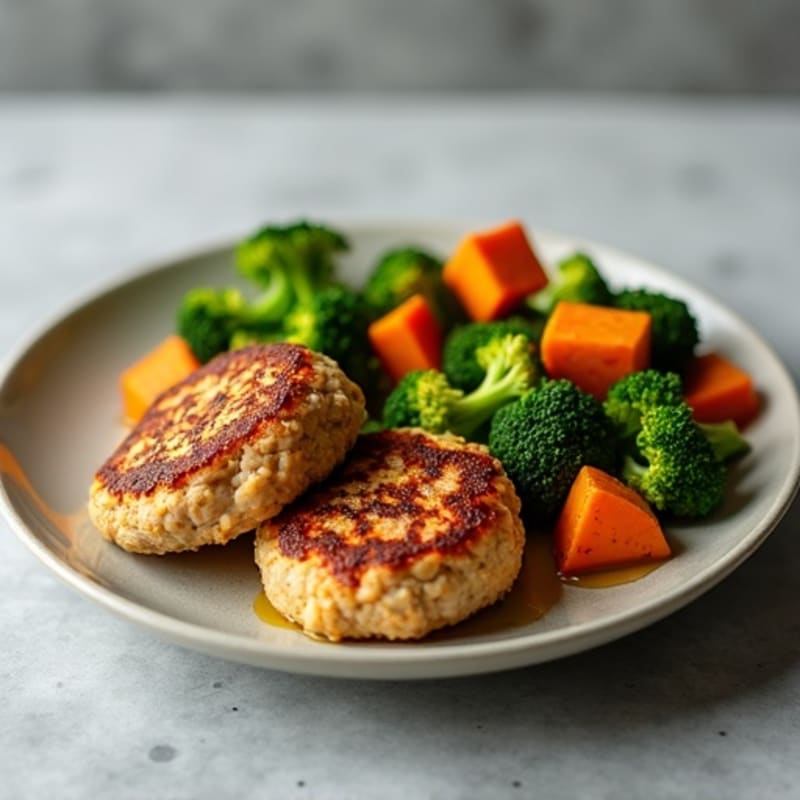 Seared Turkey Patties with Roasted Broccoli and Sweet Potato
