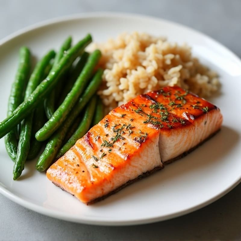 Seared Salmon with Garlic Green Beans and Brown Rice