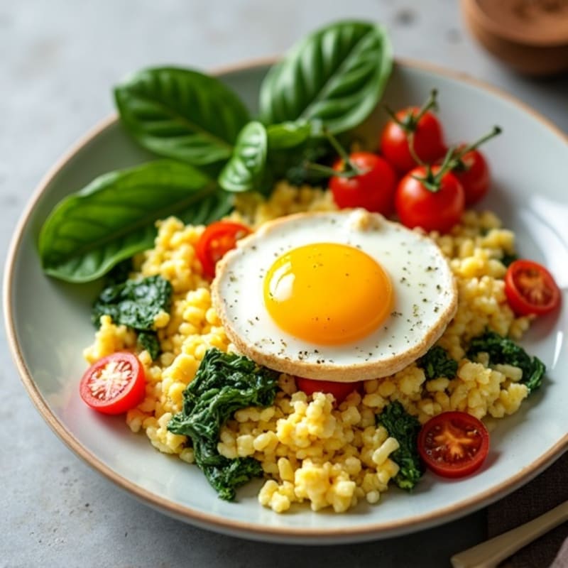 Fluffy Egg Scramble with Fresh Spinach and Cherry Tomatoes