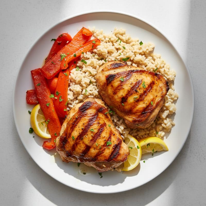 Grilled Chicken Thigh and Brown Rice Bowl with Roasted Peppers