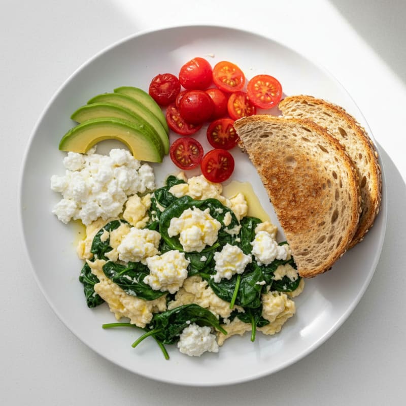Egg White Spinach Scramble with Cottage Cheese and Cherry Tomatoes