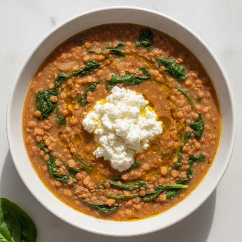 Silky Lentil and Spinach Stew with Cottage Cheese