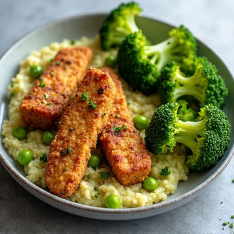 Crispy Seitan Strips with Edamame Mash and Steamed Broccoli