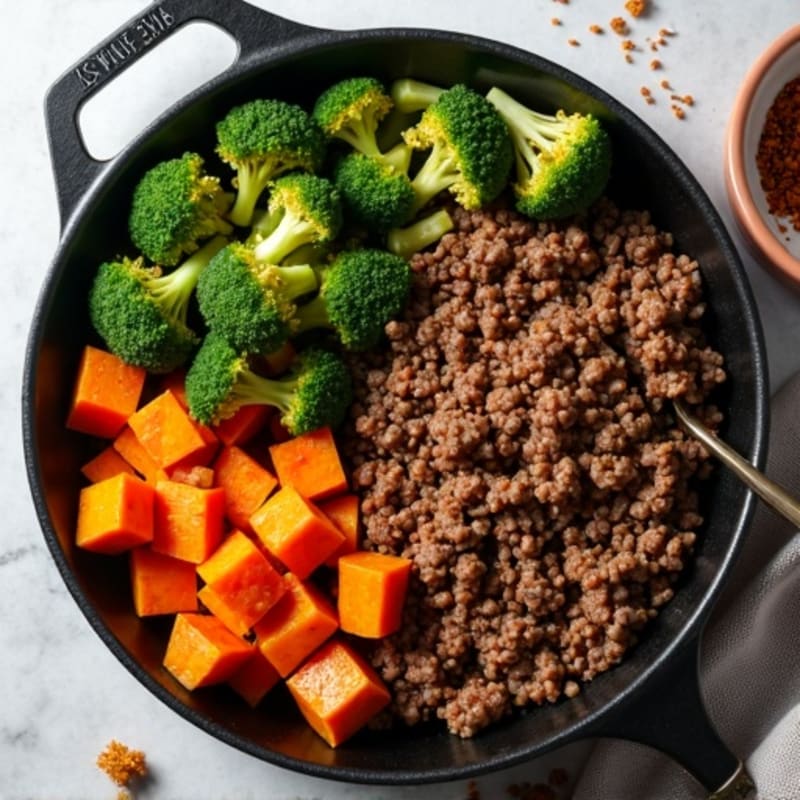 Lean Ground Beef and Crispy Roasted Sweet Potato and Broccoli Skillet