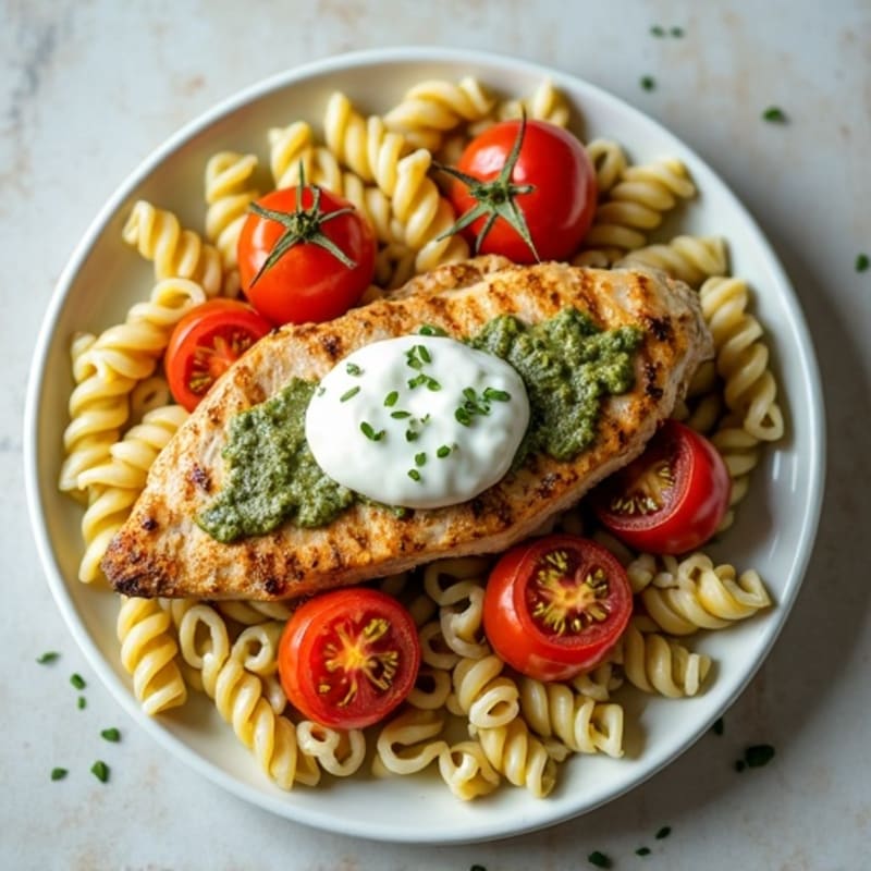 Pan-Seared Chicken with Creamy Pesto Whole Wheat Pasta and Blistered Tomatoes