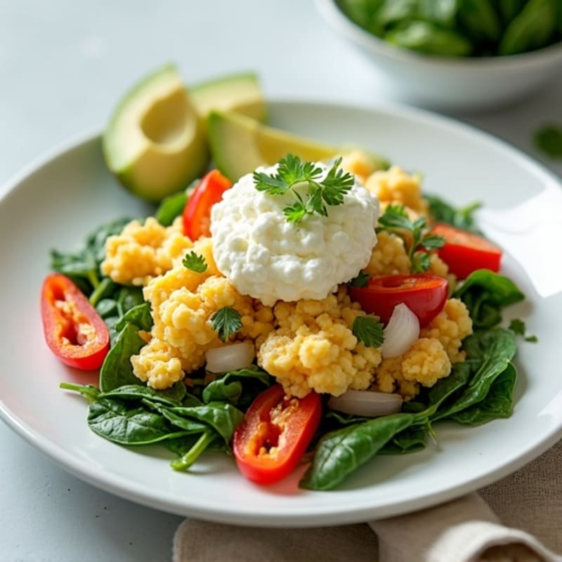Egg White Veggie Scramble with Cottage Cheese and Fresh Spinach
