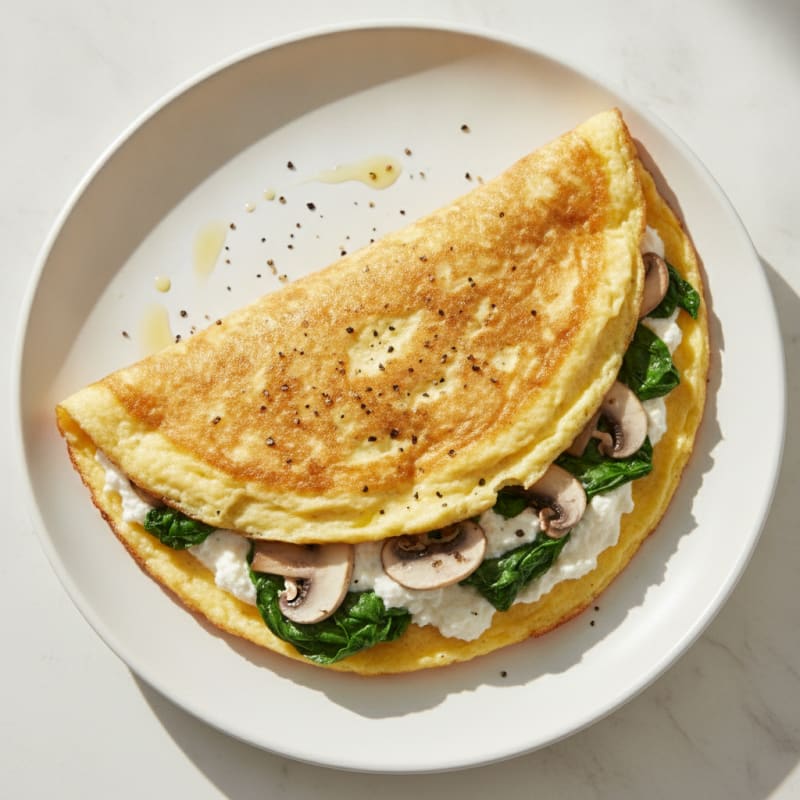 Cottage Cheese Spinach Omelet with Sautéed Mushrooms