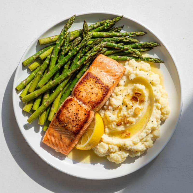 Seared Salmon with Roasted Asparagus and Garlic Mashed Cauliflower