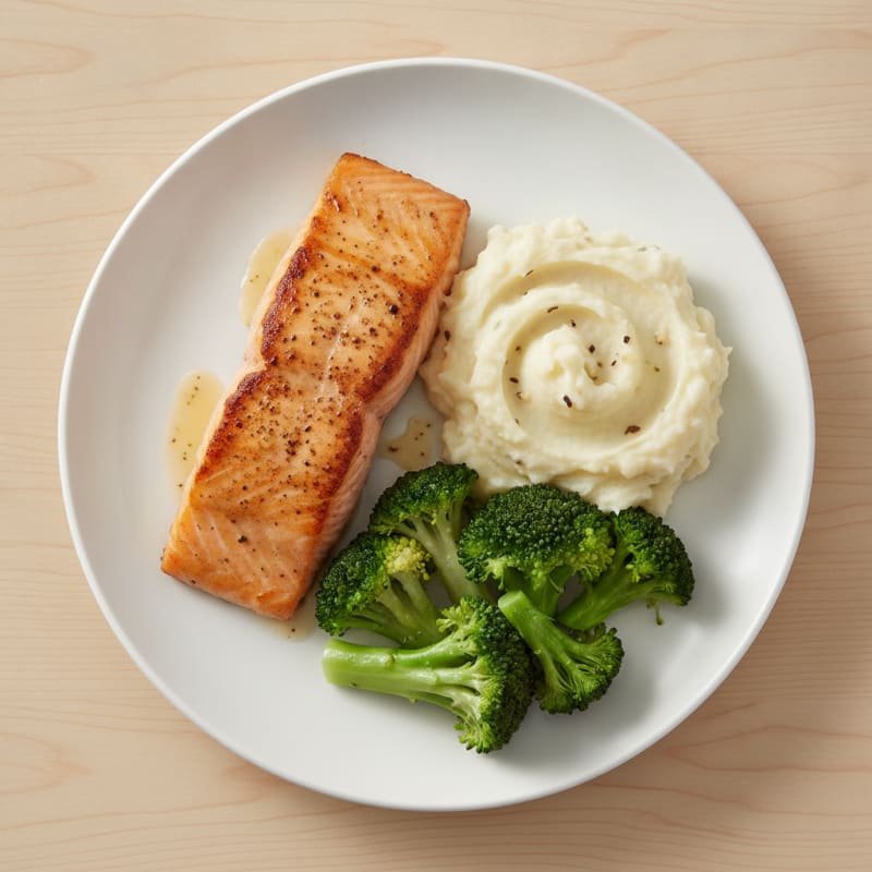Seared Salmon with Steamed Broccoli and Garlic Mashed Potatoes