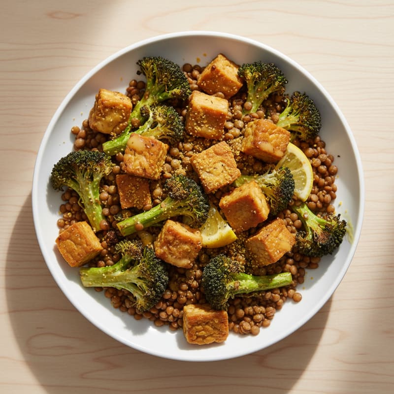 Lentil and Tempeh Protein Bowl with Roasted Broccoli
