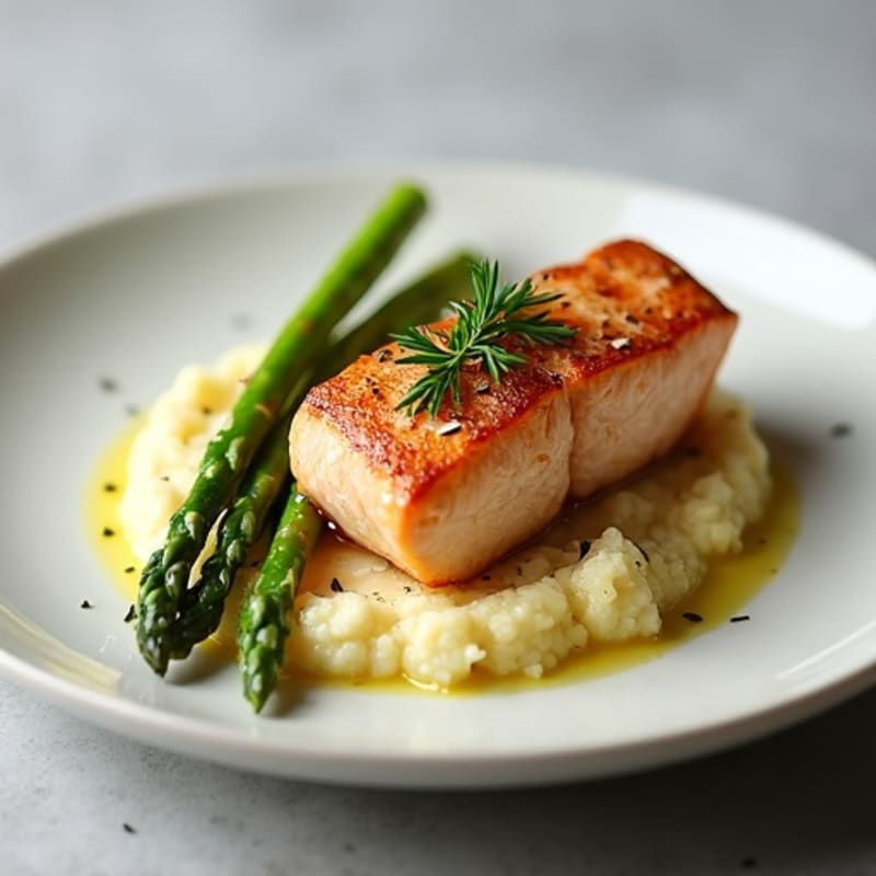Seared Salmon Filet with Steamed Asparagus and Cauliflower Mash