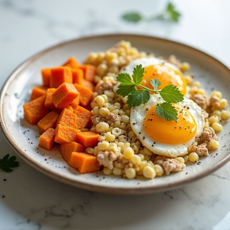 Egg White and Ground Turkey Scramble with Roasted Sweet Potato