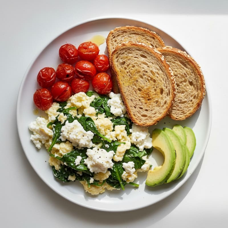 Egg White and Spinach Scramble with Cottage Cheese and Cherry Tomatoes