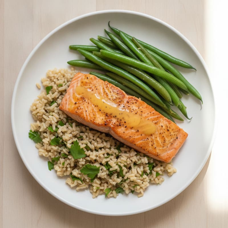 Seared Salmon Fillet with Steamed Green Beans and Herb Rice