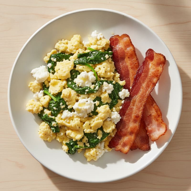 Cottage Cheese Egg Scramble with Spinach and Turkey Bacon