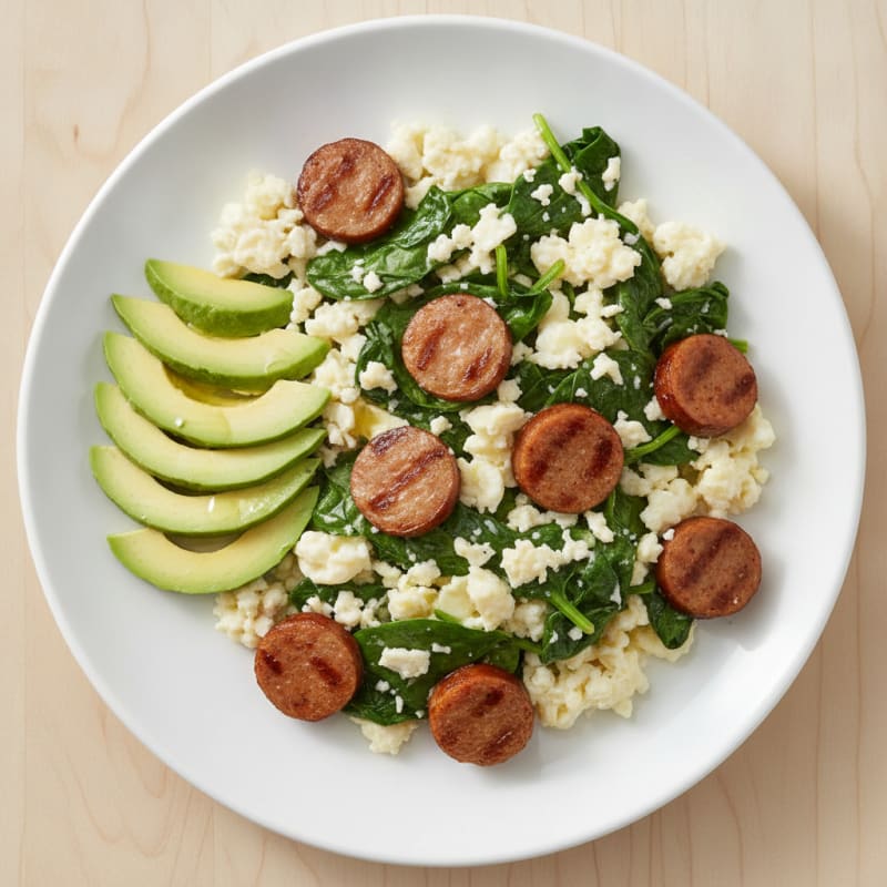 Egg White Spinach Scramble with Grilled Turkey Sausage