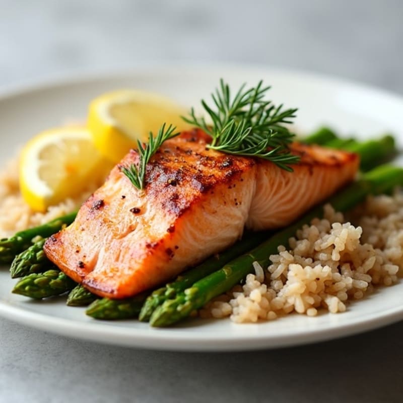 Seared Salmon with Steamed Asparagus and Brown Rice