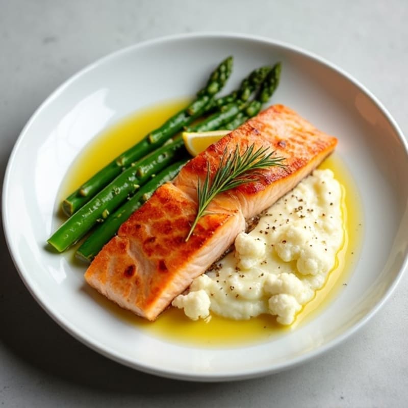 Seared Salmon with Steamed Asparagus and Cauliflower Mash