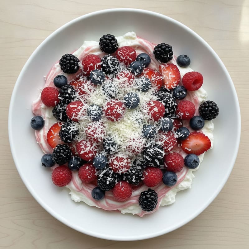 High-Protein Yogurt Bowl with Mixed Berries and Shredded Cheese