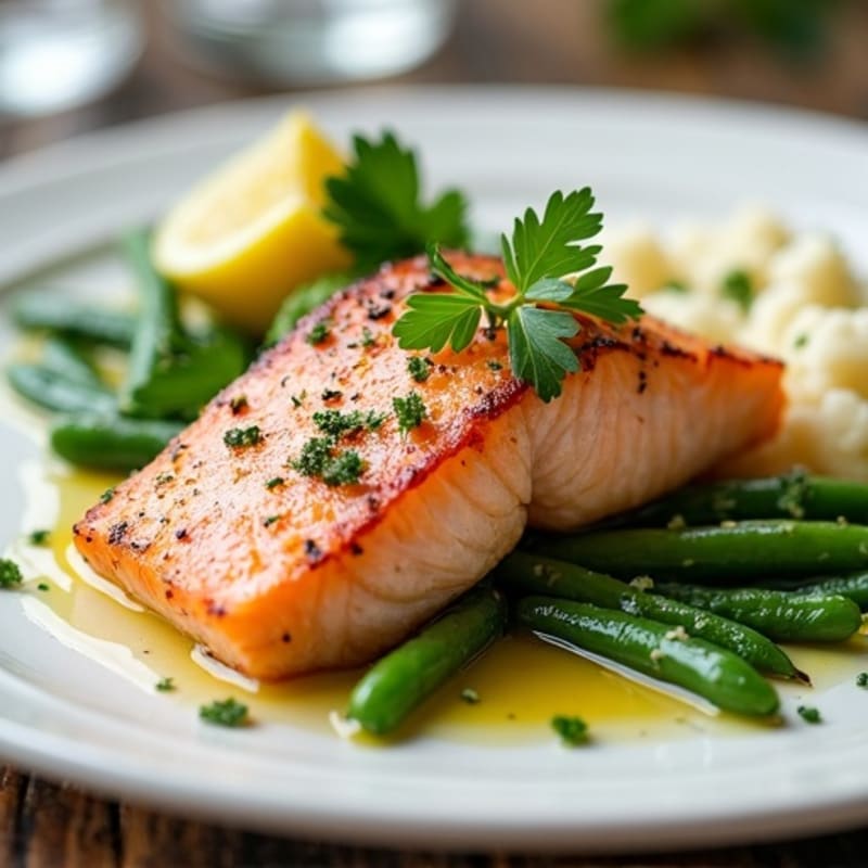 Seared Salmon Fillet with Garlic Green Beans and Cauliflower Mash
