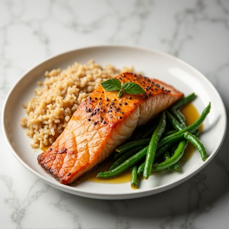 Seared Salmon with Garlic Green Beans and Brown Rice