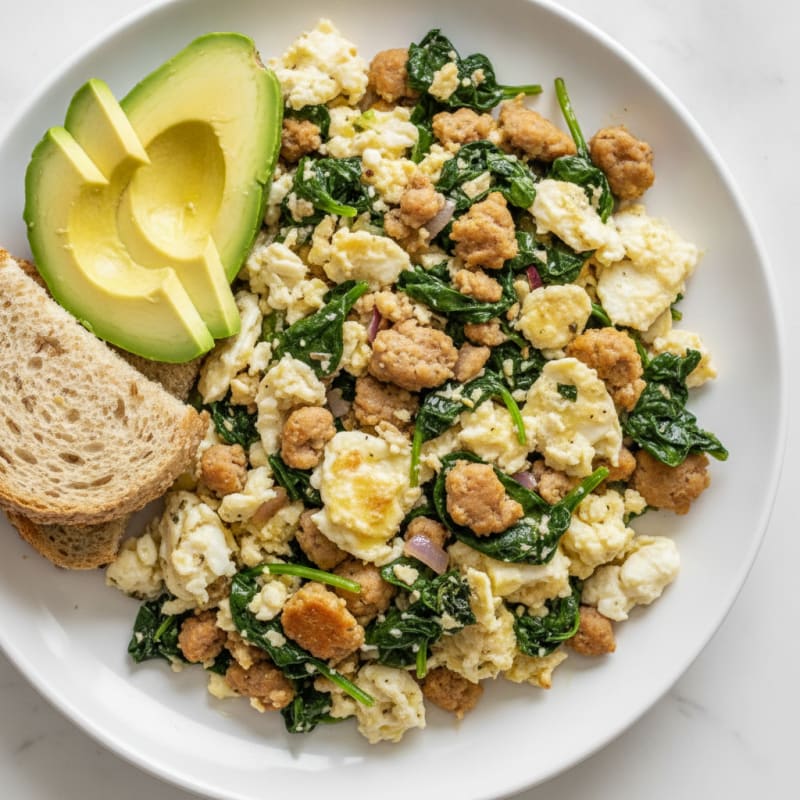 Egg White and Turkey Sausage Scramble with Sautéed Spinach