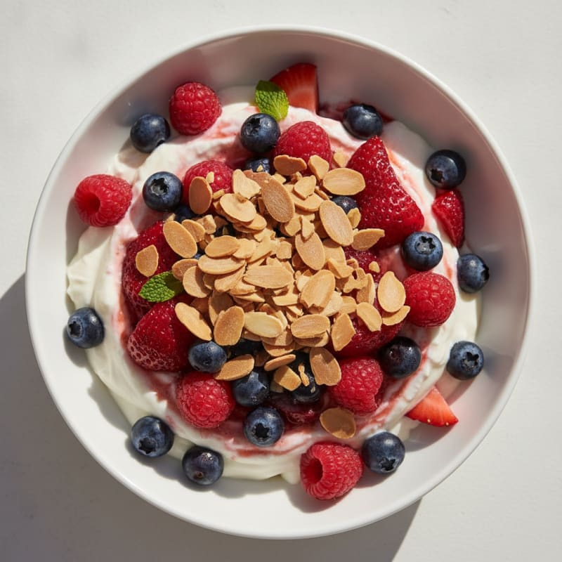 Greek Yogurt Protein Parfait with Mixed Berries and Almonds