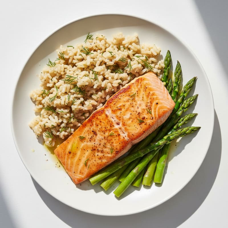 Seared Salmon Filet with Steamed Asparagus and Herbed Brown Rice