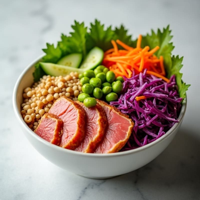 Fresh Tuna Poke Bowl with Sesame Soy Dressing and Crunchy Veggies