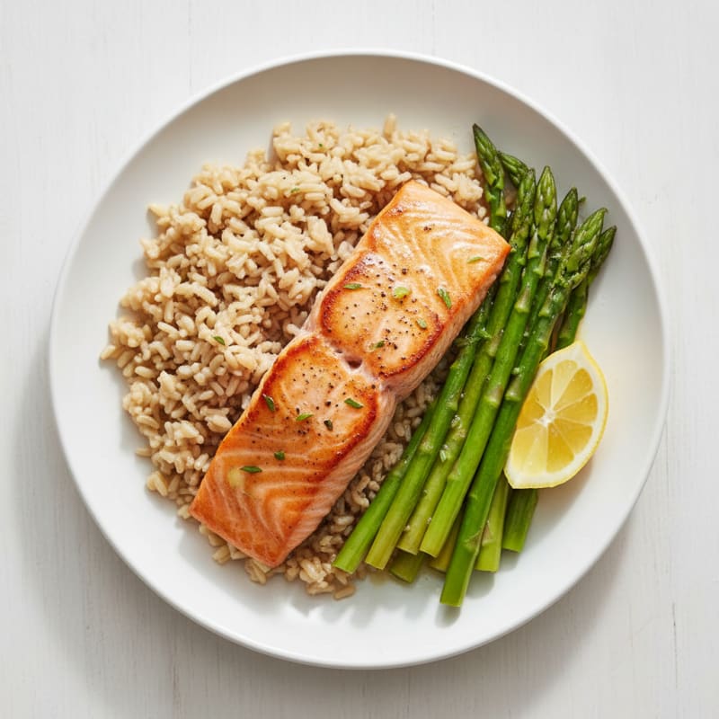 Seared Salmon with Steamed Asparagus and Brown Rice