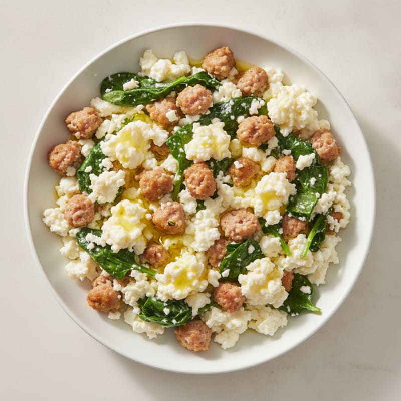 Egg White and Turkey Sausage Scramble with Cottage Cheese and Spinach