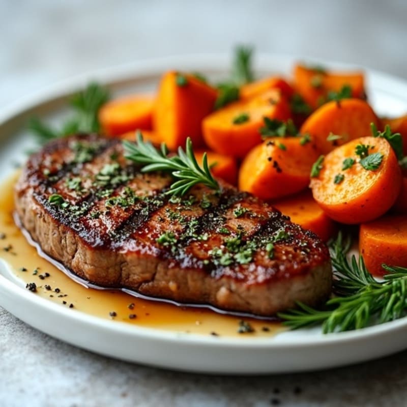 Herb-Crusted Steak with Maple-Roasted Sweet Potatoes