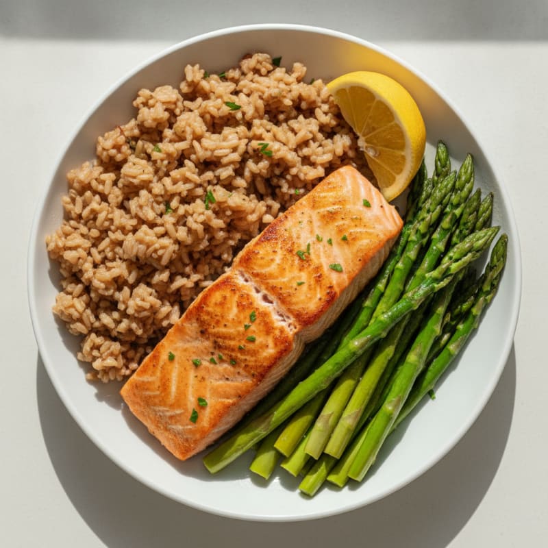 Seared Salmon with Steamed Asparagus and Brown Rice