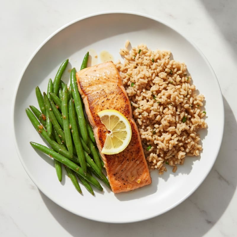 Seared Salmon Fillet with Garlic Green Beans and Brown Rice