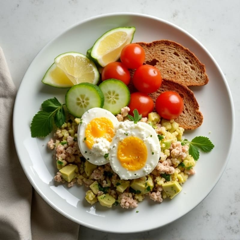 Chopped Egg and Turkey Mash with Avocado, Cottage Cheese, Tomato Cucumber Salad, and Whole Grain Toast