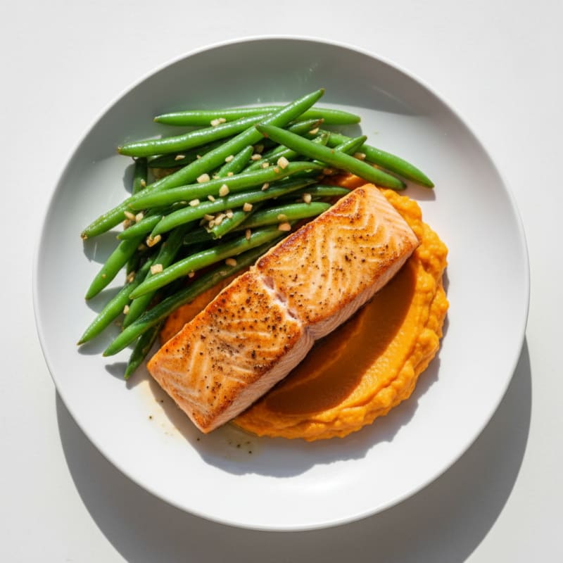 Seared Salmon with Garlic Green Beans and Sweet Potato Mash