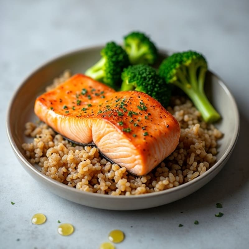 Seared Salmon with Steamed Broccoli and Brown Rice