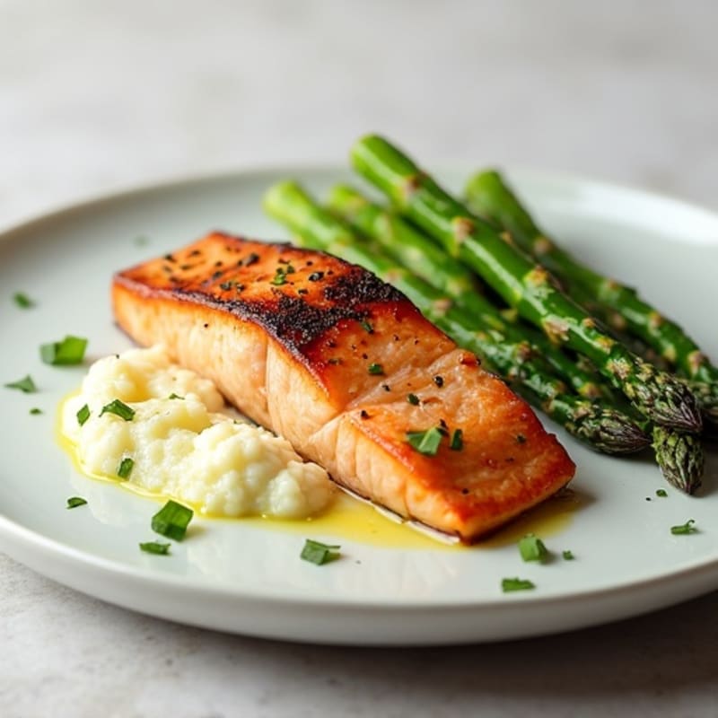 Seared Salmon Filet with Roasted Asparagus and Cauliflower Mash