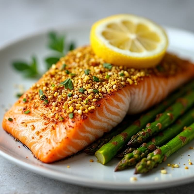 Crispy Pistachio Crusted Salmon with Roasted Lemon Asparagus