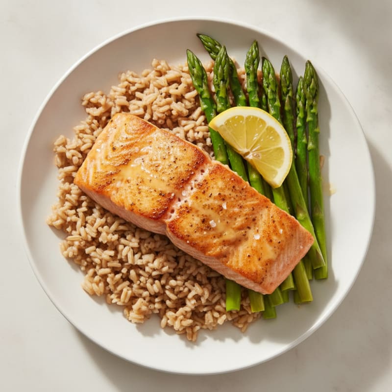 Seared Salmon Fillet with Steamed Asparagus and Brown Rice