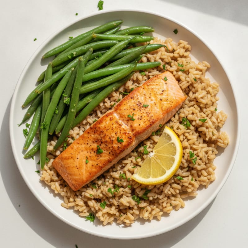 Seared Salmon Fillet with Steamed Green Beans and Herbed Brown Rice