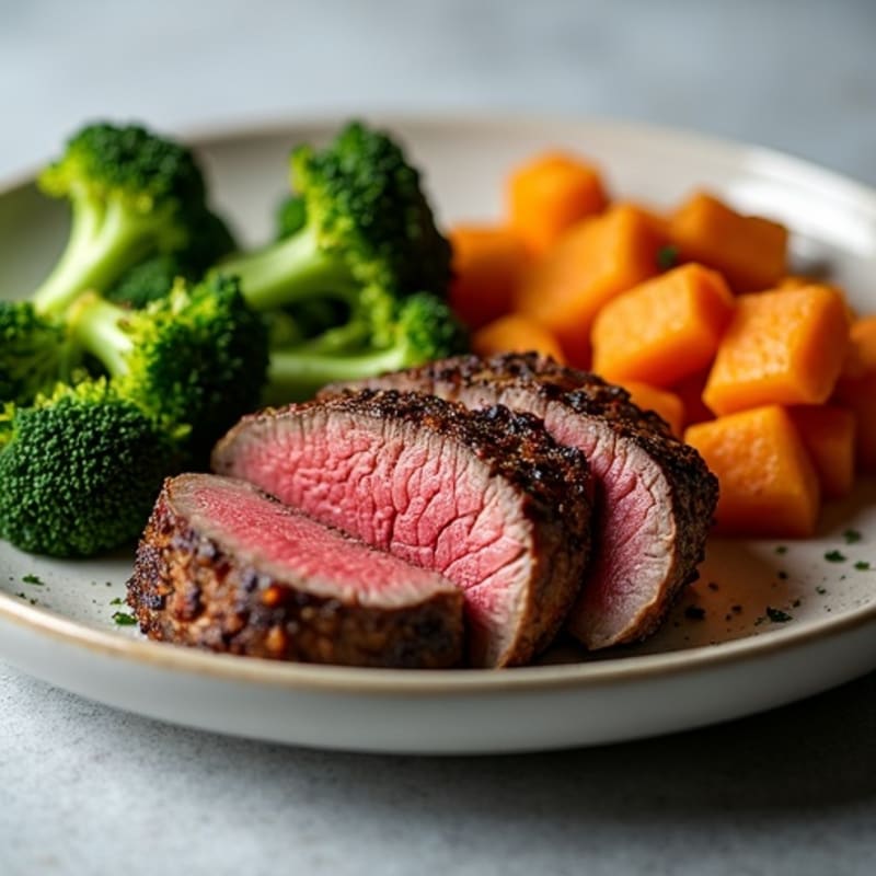 Tender Beef Sirloin with Crispy Roasted Broccoli and Sweet Potato
