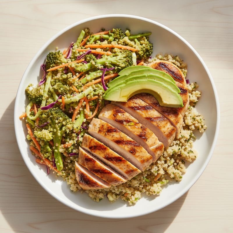 Grilled Chicken Breast with Quinoa and Crunchy Broccoli Slaw