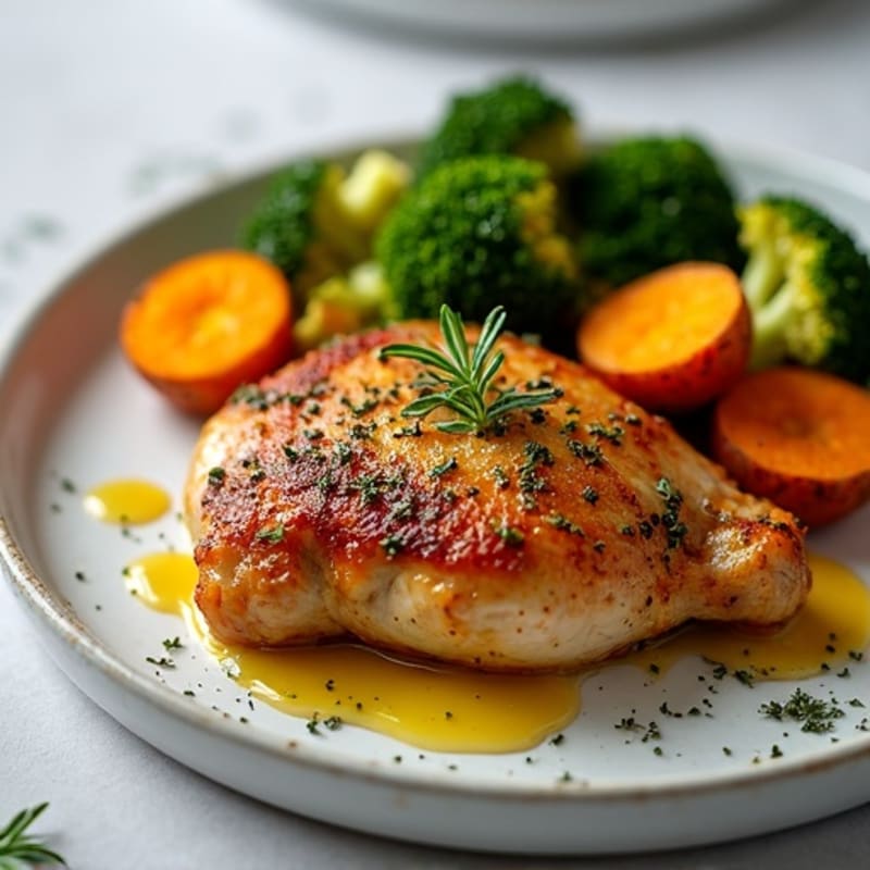 Herb-Roasted Chicken Thighs with Crispy Sweet Potatoes and Roasted Broccoli